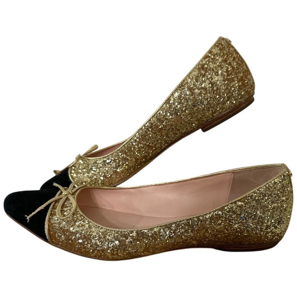 Kate Spade Point Toe Sparkle Gold & Black Sequin Ballet Flat With Bow Size 9M